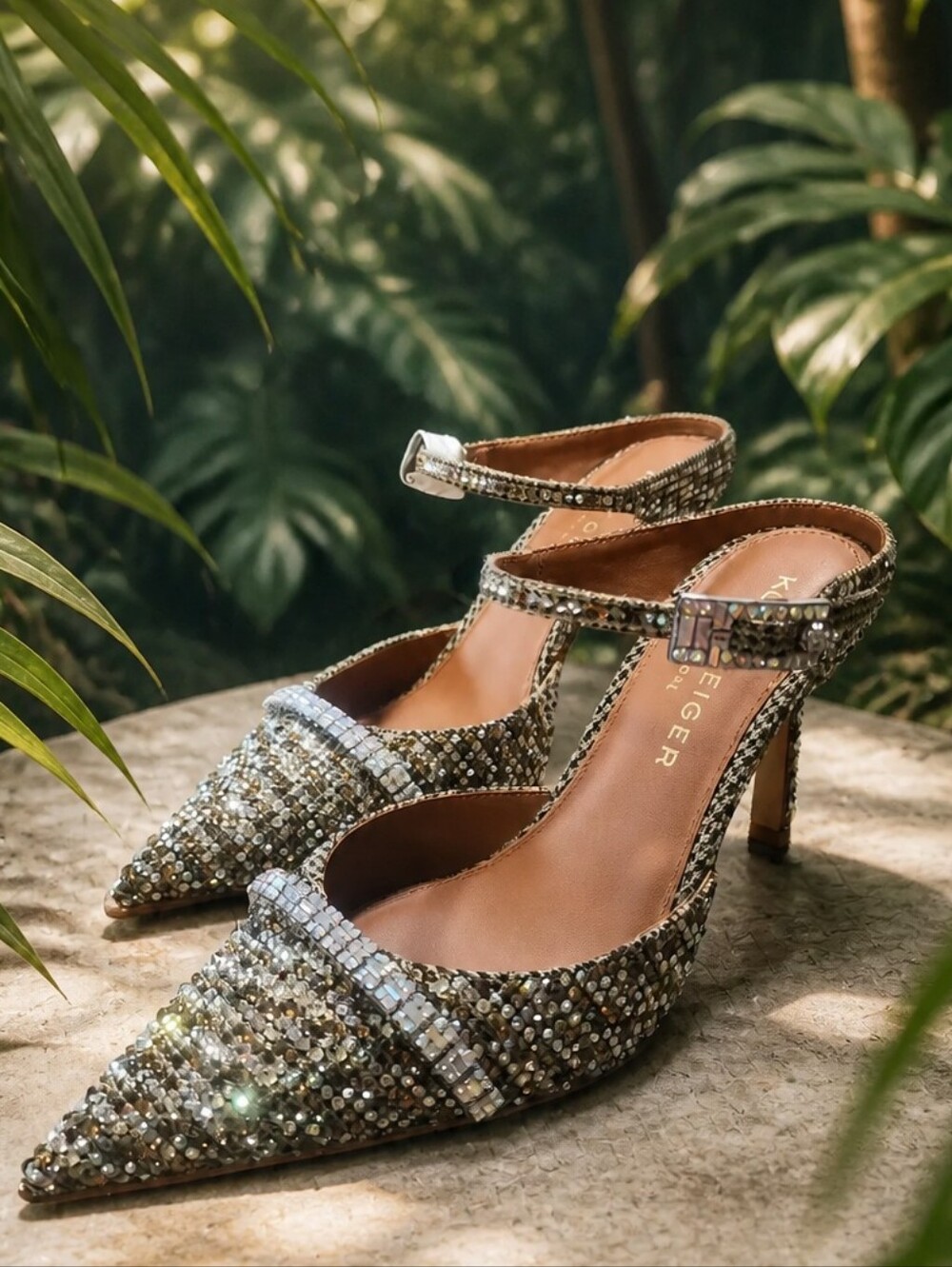 Kurt Geiger Gold Crystal-Embellished Pointed Toe Ankle-Strap Heels